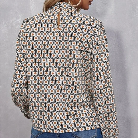 SHEIN | Button Neck Keyhole Back Geo Long Sleeve Top - Picture 2 of 8